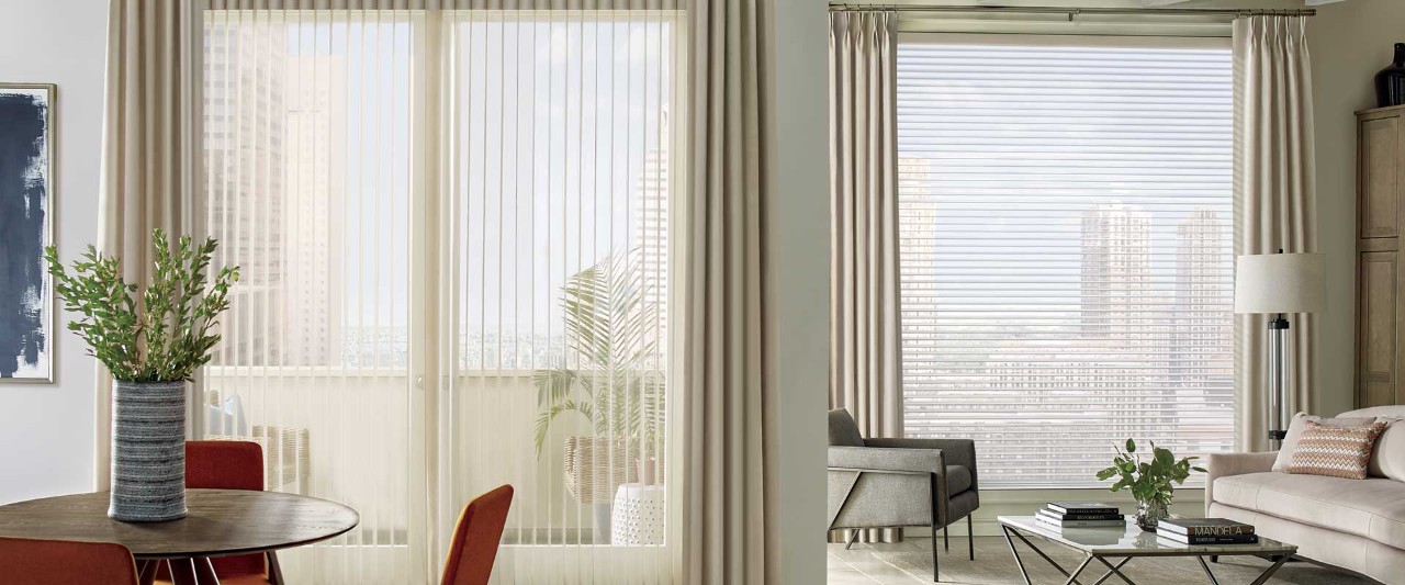 Living room and dining room with sheer shades.